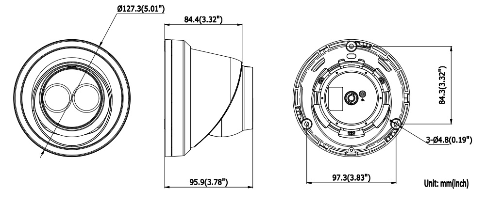 Dimensions for DS-2CD23X5FWD-I Hikvision Easy IP 3.0 Turret